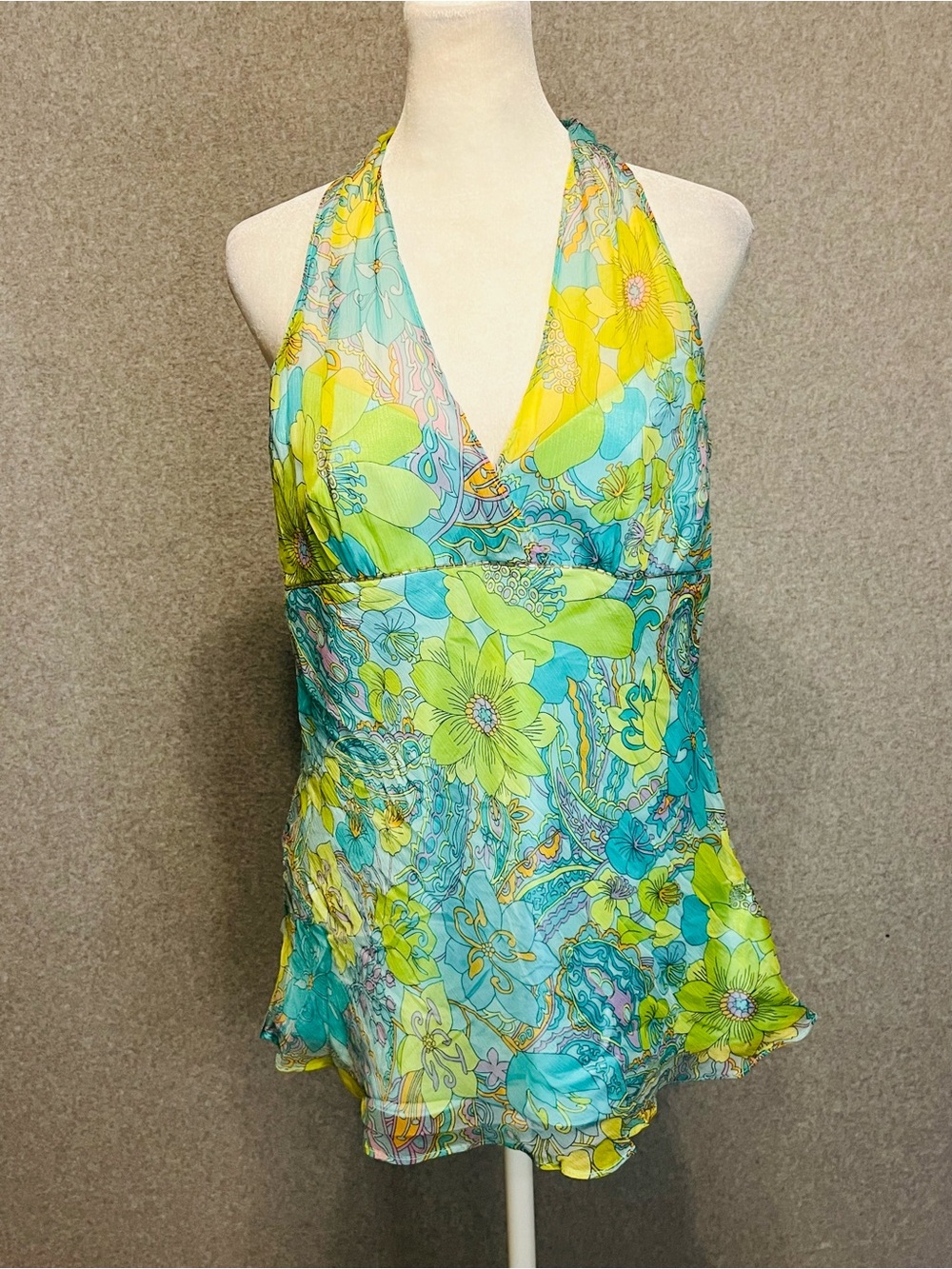 Laundry Shelli Segal 90s Silk Floral Halter Top Blouse Sz M Green Blue Fairy
